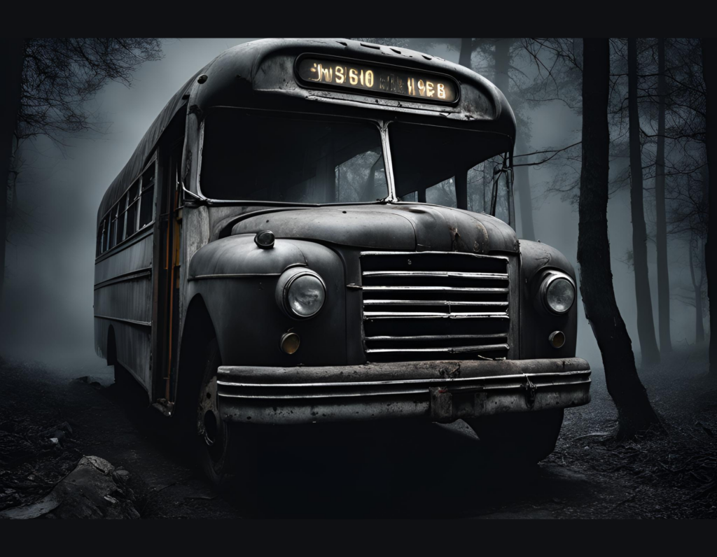 A haunted, abandoned looking bus in the middle of a dark foggy forest.